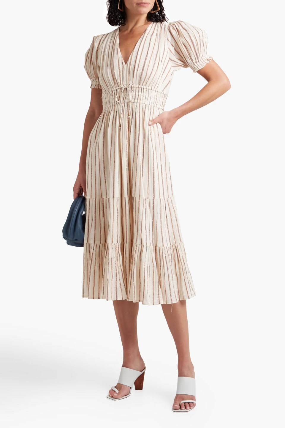 Ulla Johnson Striped Cotton Lurex V-Neck Midi Dress (M)