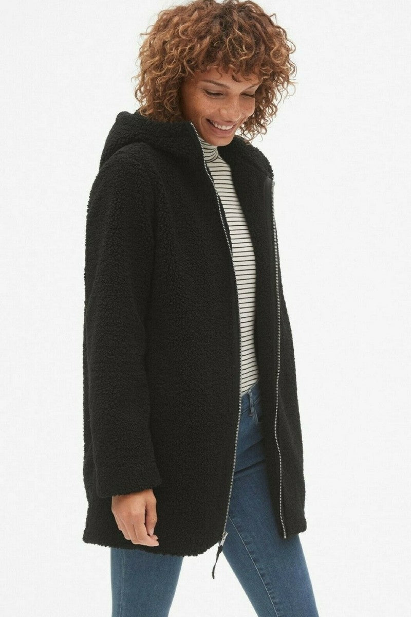 GAP Black Sherpa Hooded Coat (M)