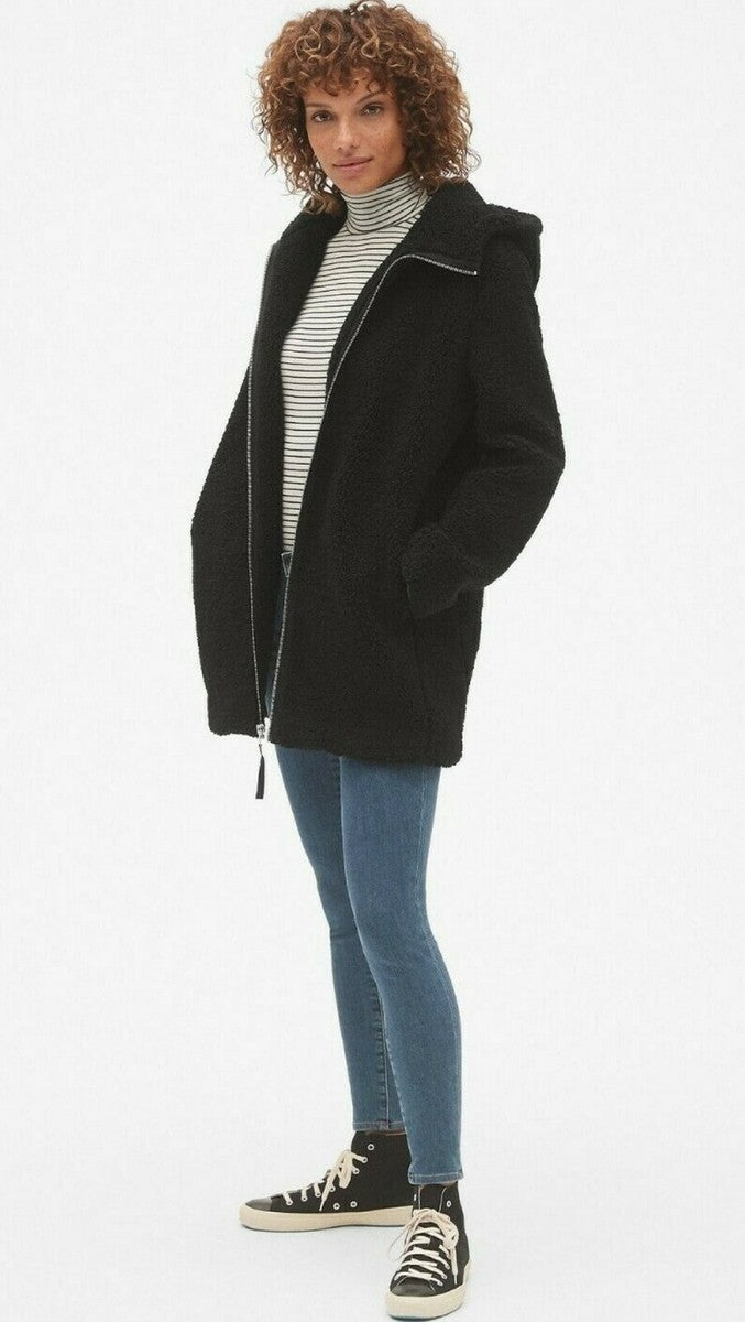 GAP Black Sherpa Hooded Coat (M)