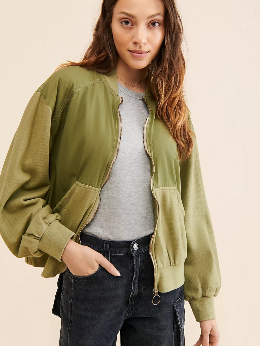 Free People Karma Olive Green Bomber Jacket (S)