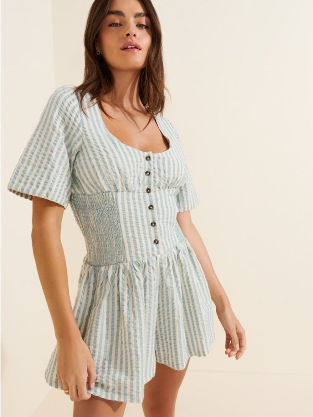 NWT Free People Gingham Willow Button Romper Coastal in Lighthouse Combo Blue (M)
