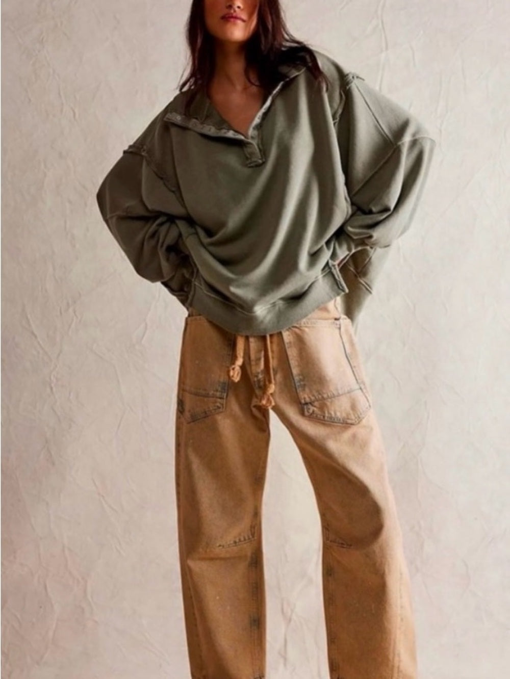 Free People Camden Green Henley Sweatshirt in Laurel Oak (M)