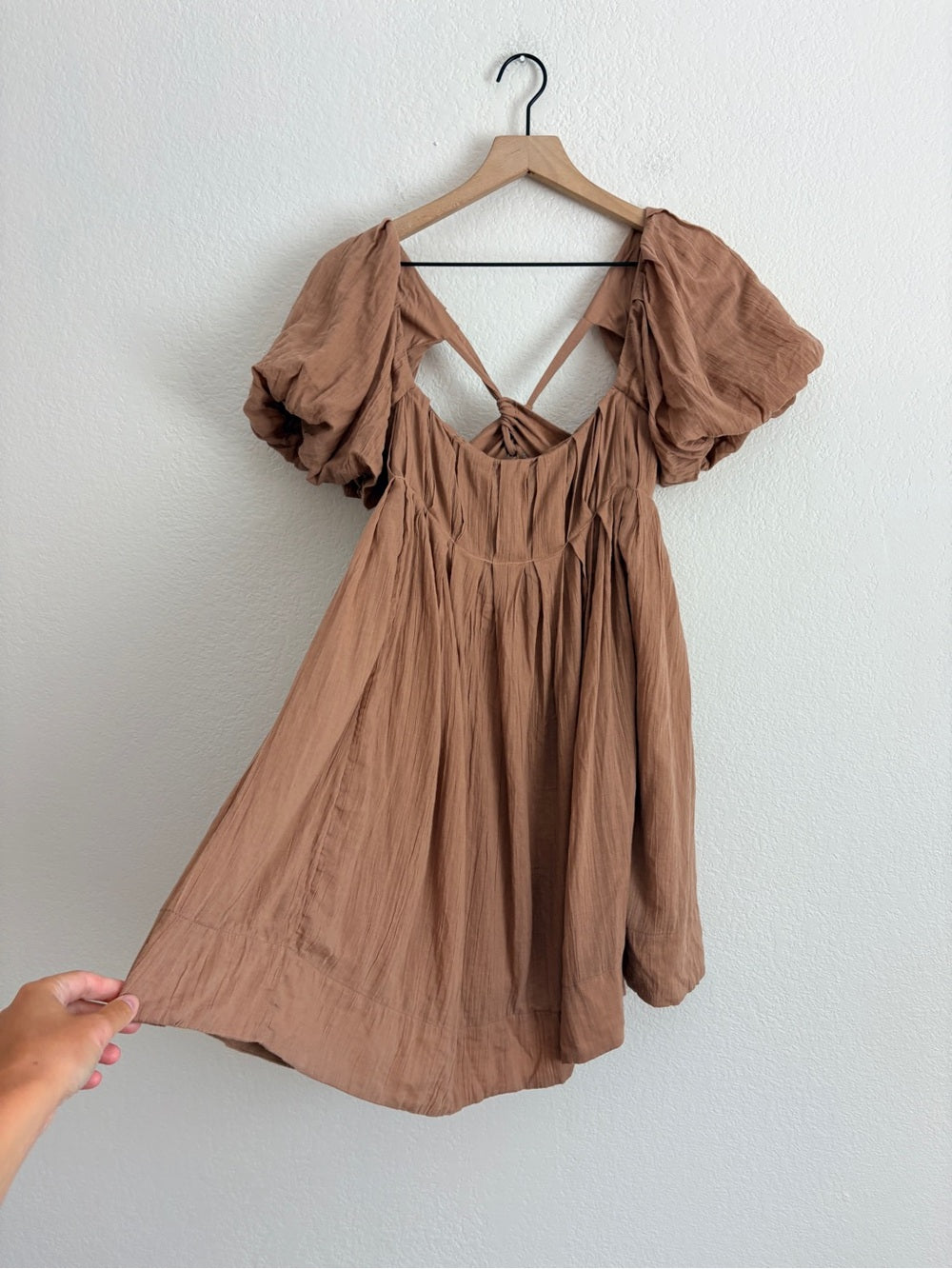 NWT Free People Marina Mini Dress Puff Sleeve in Cocoa Brown (L)