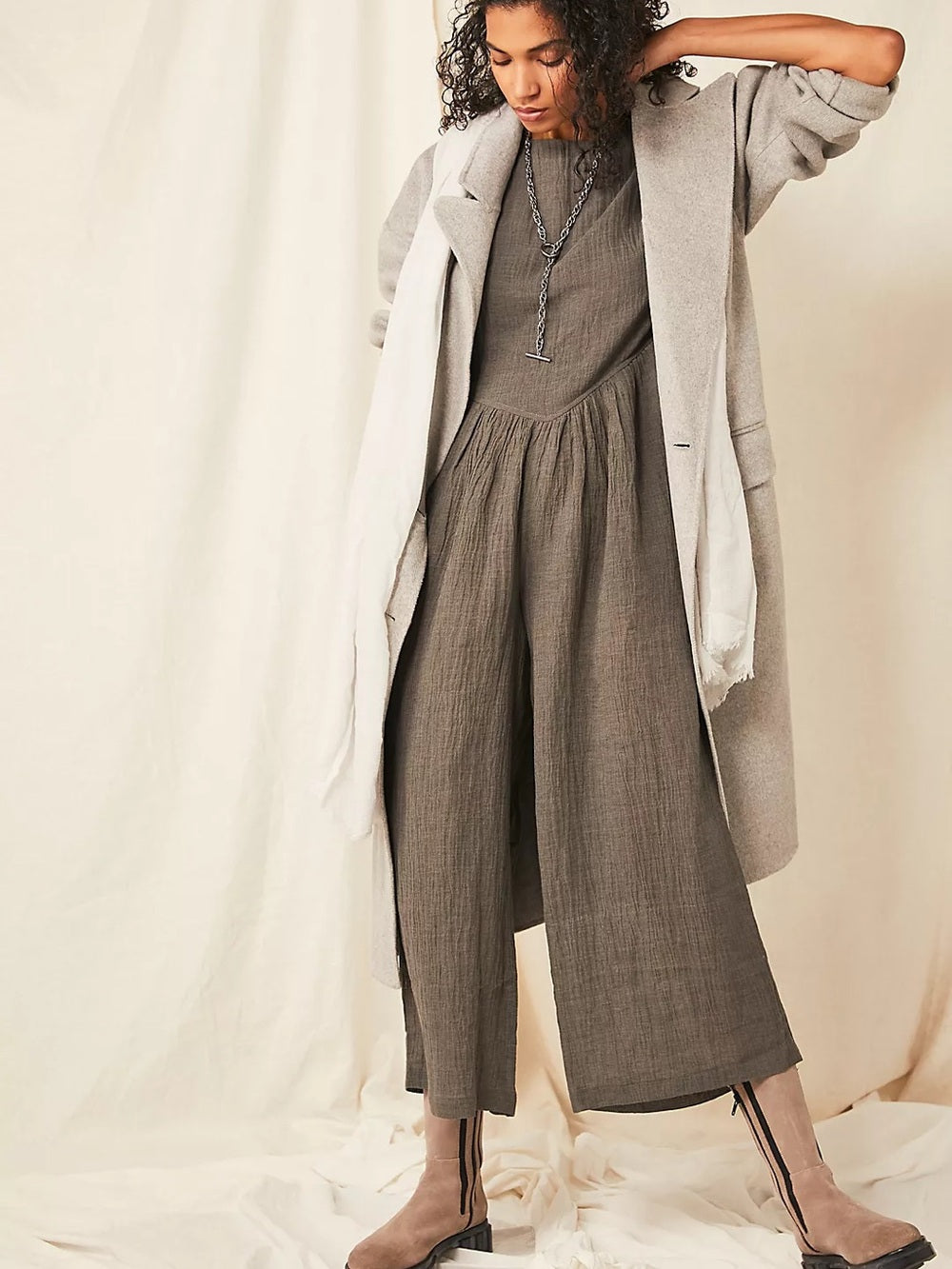 Free People Tierra Jumpsuit Gauzy Wide Leg in Eucalyptus Leaf (M)