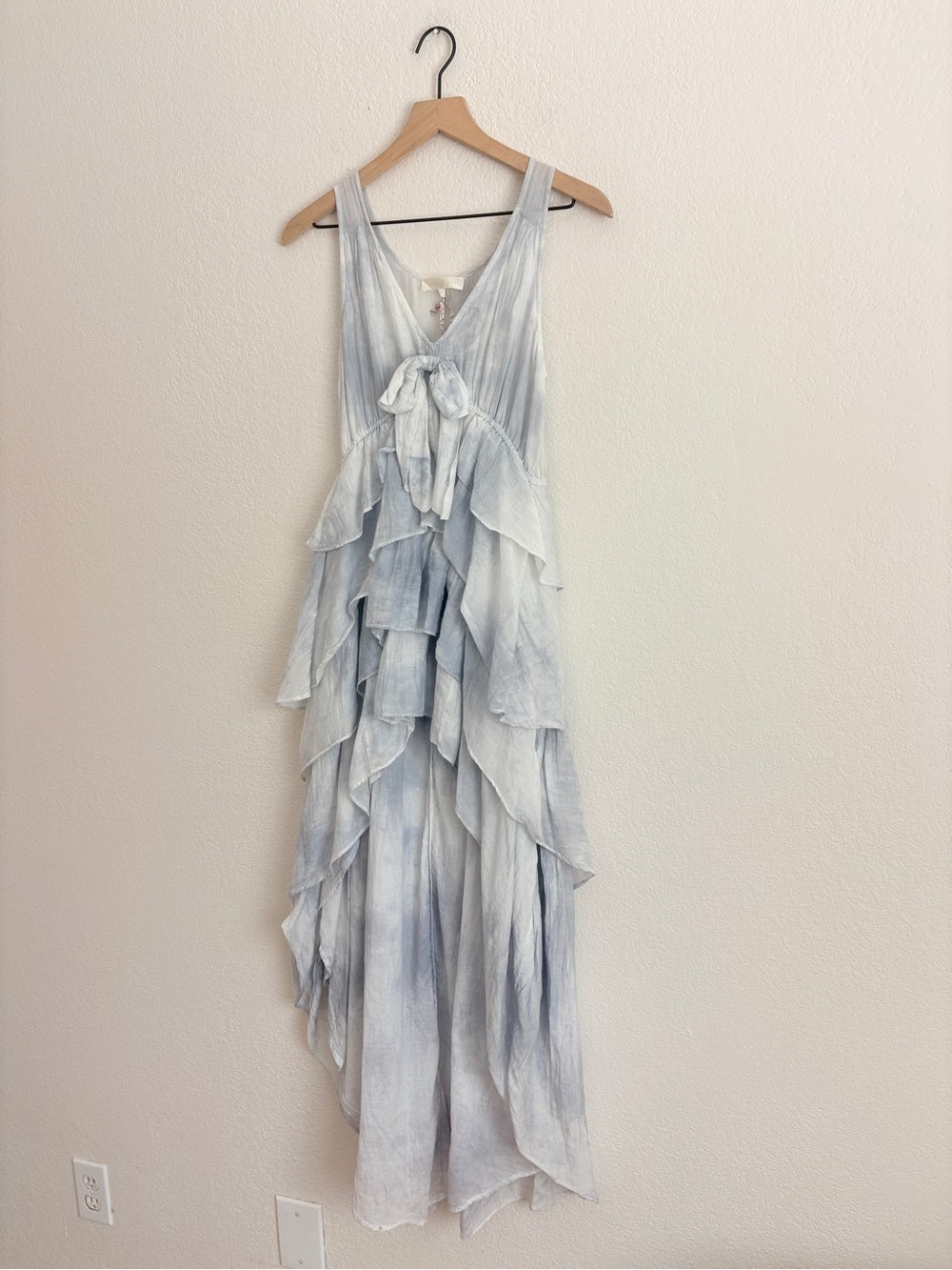 NWT LoveShackFancy RisleyPale Blue Tiered High-Low Cotton Silk Ruffle Dress (XXS)
