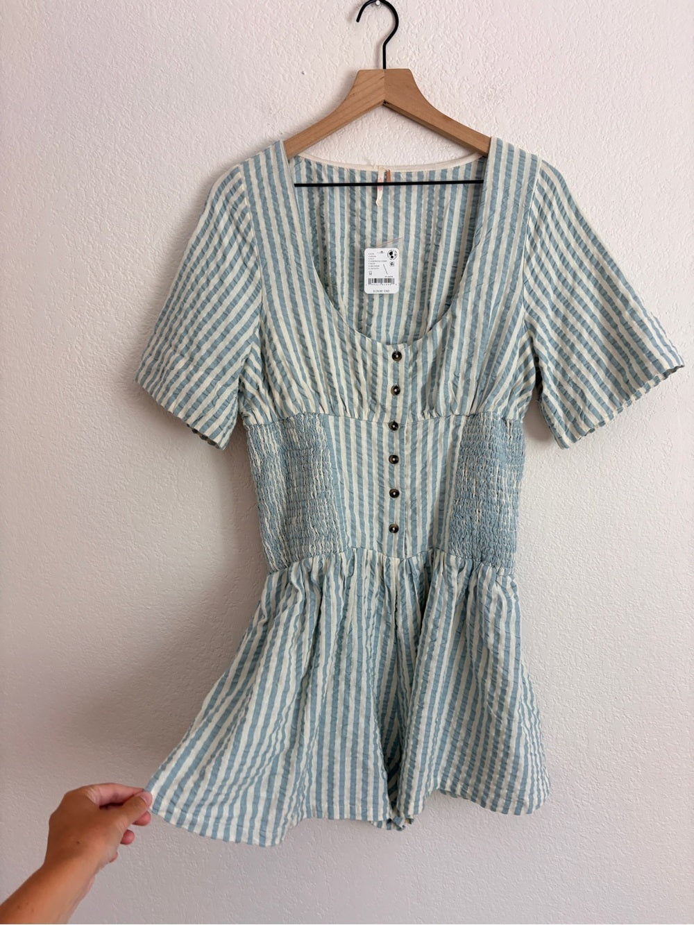 NWT Free People Gingham Willow Button Romper Coastal in Lighthouse Combo Blue (M)
