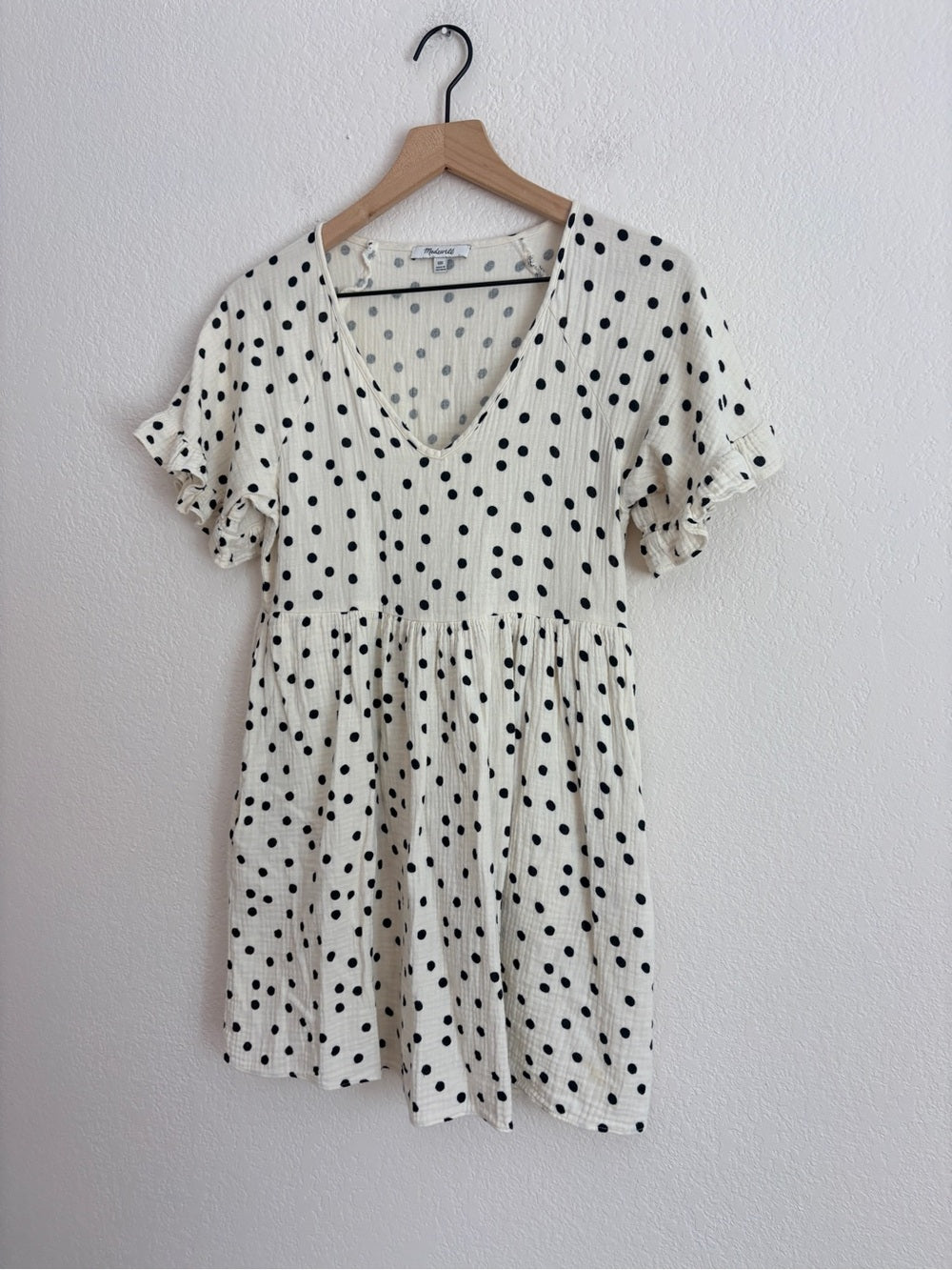 Madewell Lightspun Ruffle-Sleeve Babydoll Dress in Polka Dot Toss (XXS)
