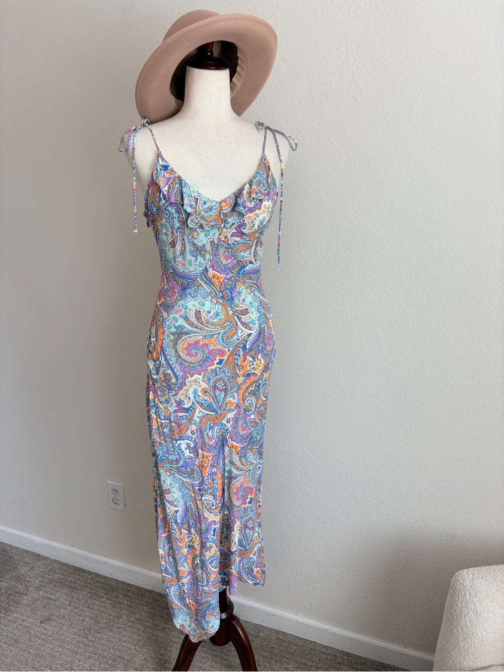 Anthropologie Paisley Boho Colorful Tie Shoulder Midi Dress (S)