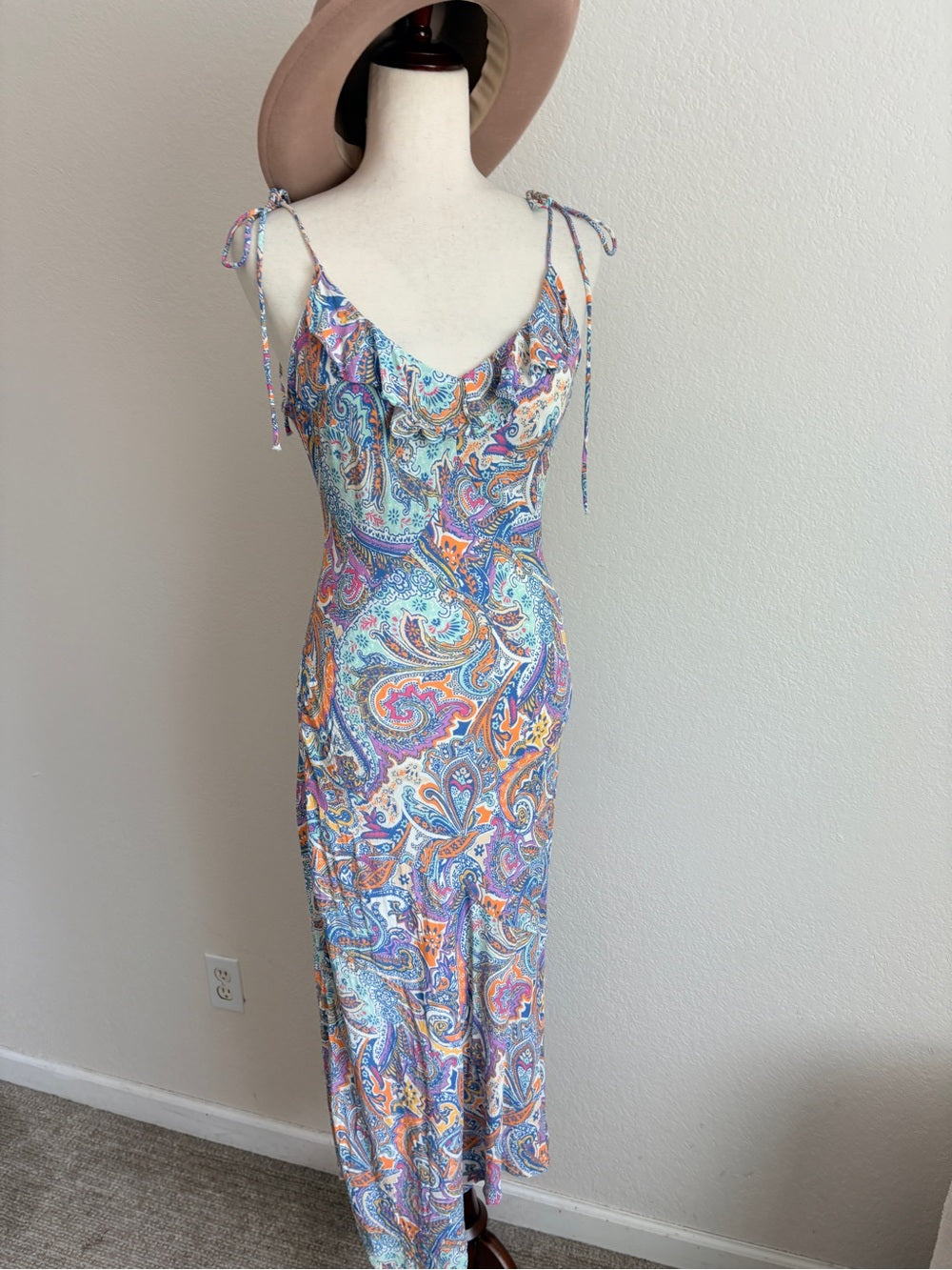 Anthropologie Paisley Boho Colorful Tie Shoulder Midi Dress (S)