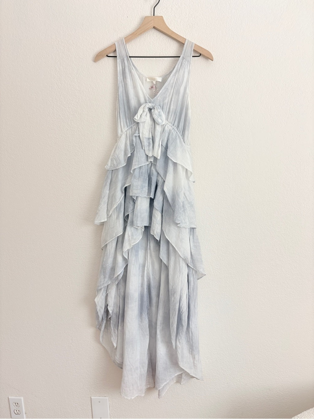 NWT LoveShackFancy RisleyPale Blue Tiered High-Low Cotton Silk Ruffle Dress (XXS)