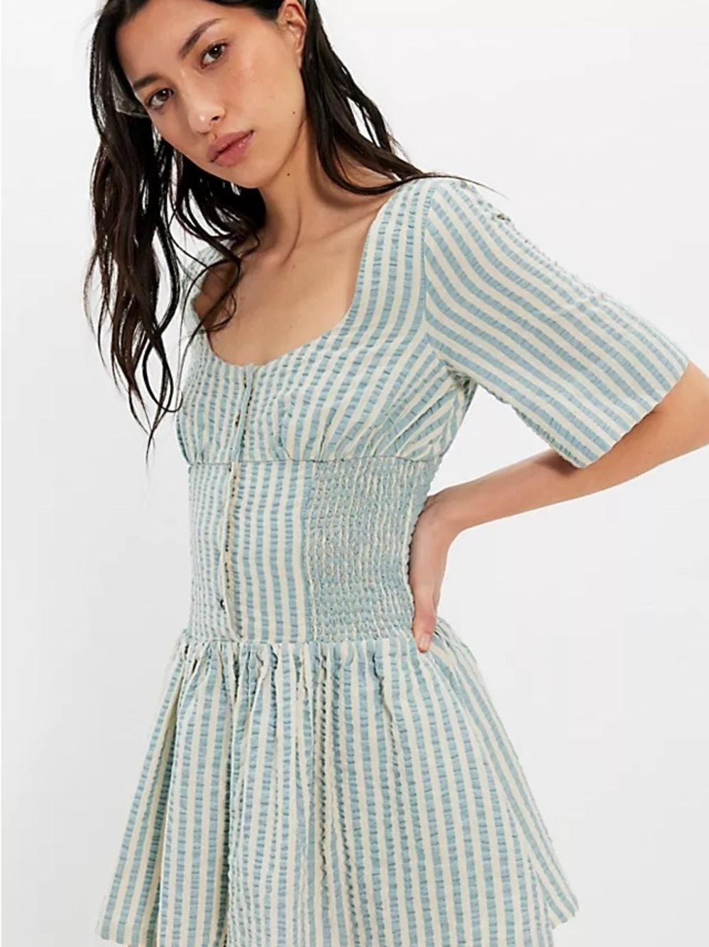 NWT Free People Gingham Willow Button Romper Coastal in Lighthouse Combo Blue (M)
