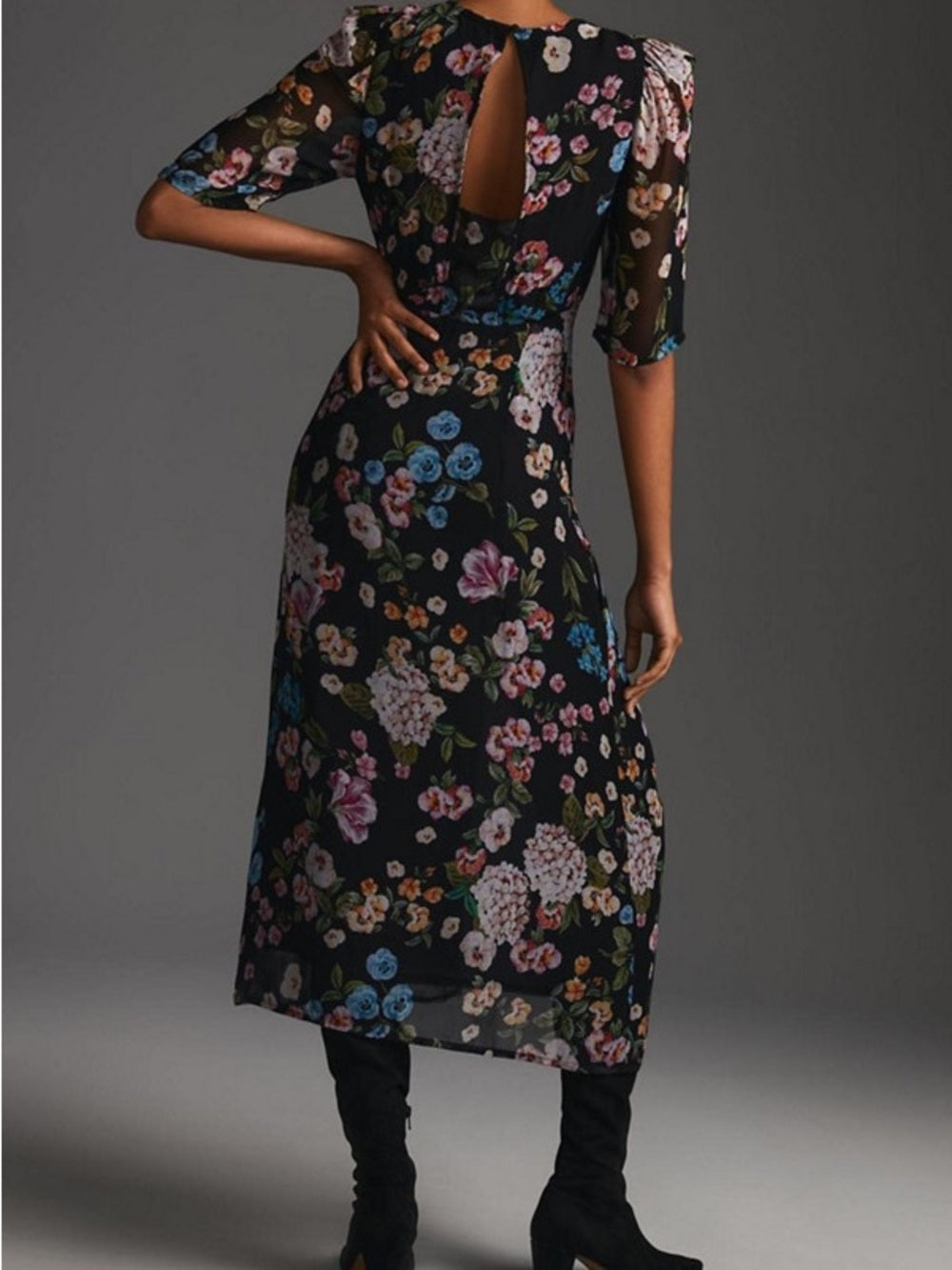 Anthropologie Maeve Floral Puff Sleeve V-Neck Black Midi Dress (2)