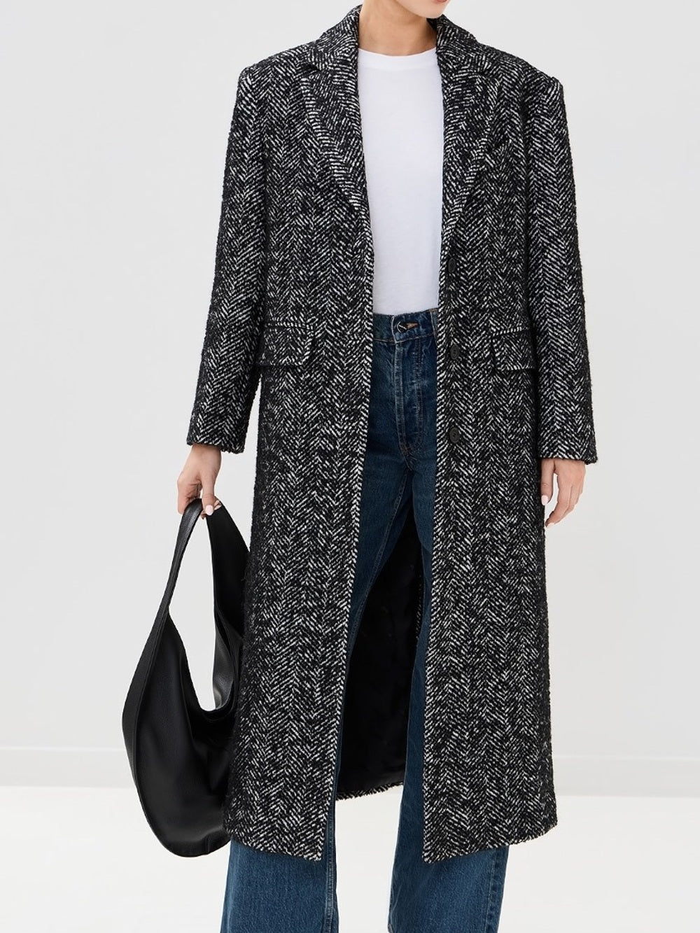 NWT Anine Bing Quinn Wool Long Herringbone Tweed Coat in Black and White (L)