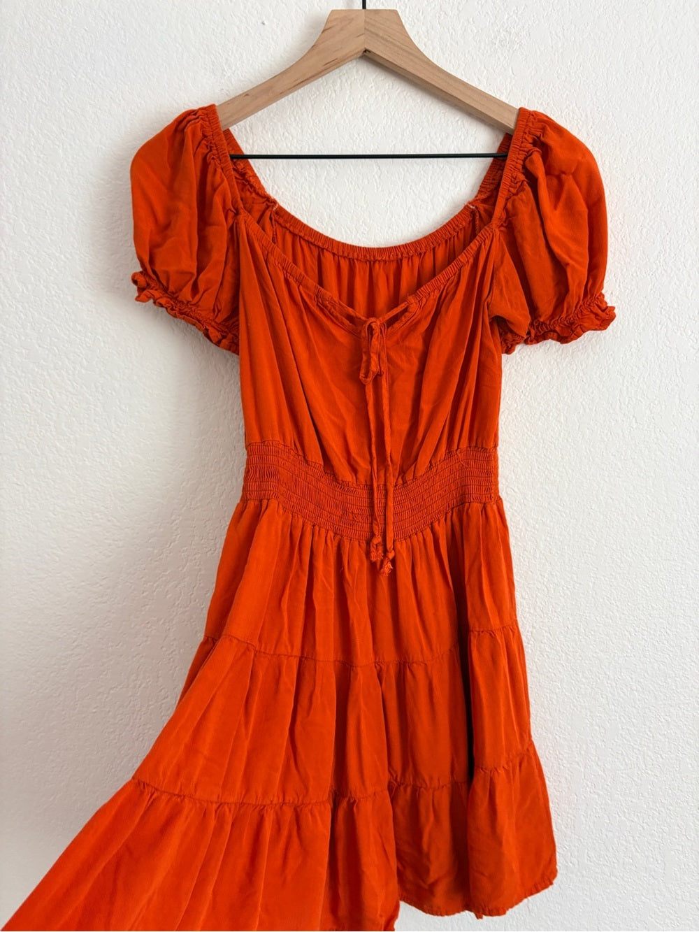 Boutique Tangerine Orange Smocked Tiered Puff Sleeve Dress (S)