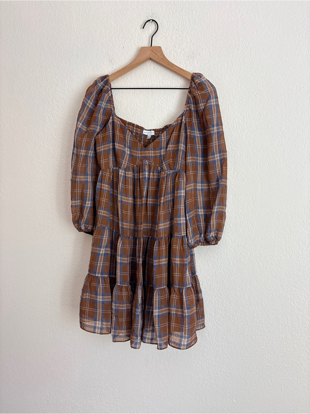 Gianni Bini Fall Plaid Puff-Sleeve Tiered Mini Dress Brown (M)