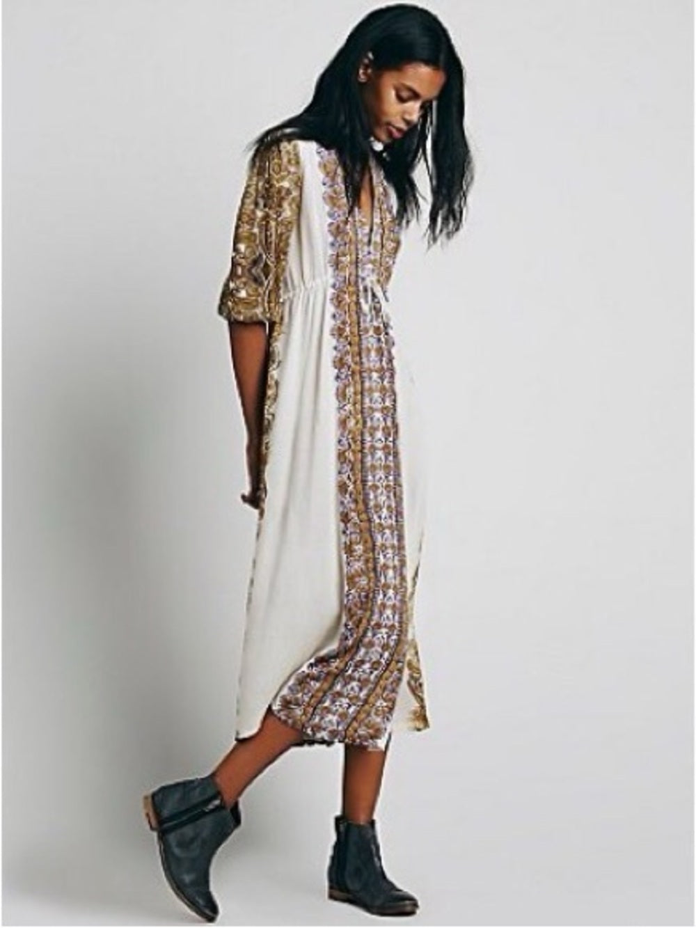 Free People Azalea Bohemian Cream Maxi Dress with Gold Paisley Trim (S)