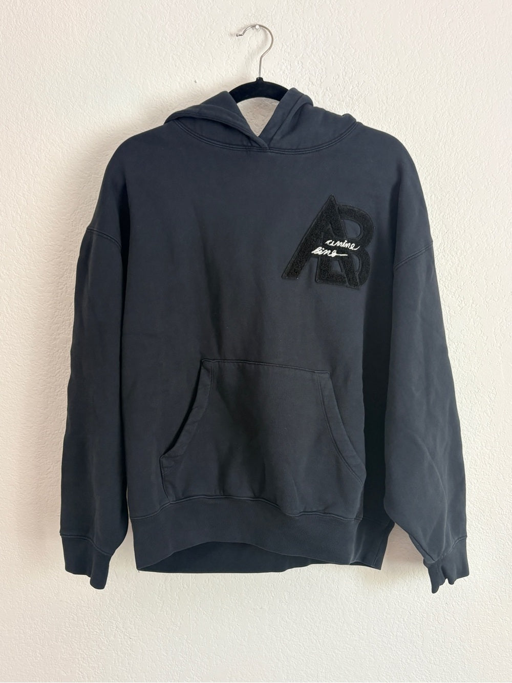 NWT Anine Bing Jaci Black Logo Patch Hoodie in Vintage Black (L)