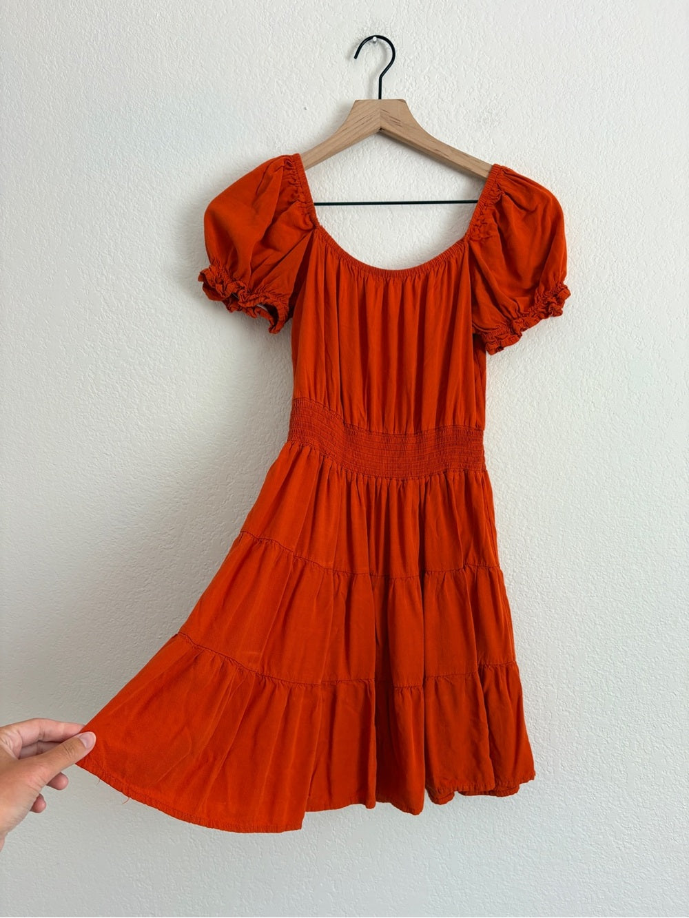 Boutique Tangerine Orange Smocked Tiered Puff Sleeve Dress (S)