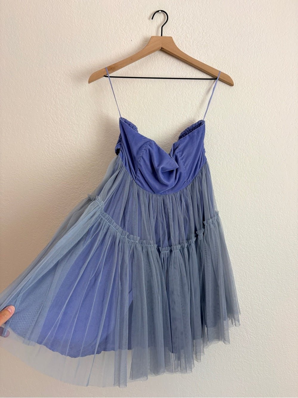 Free People Theo Puff Strapless Light Blue Tulle Mini Dress (M)