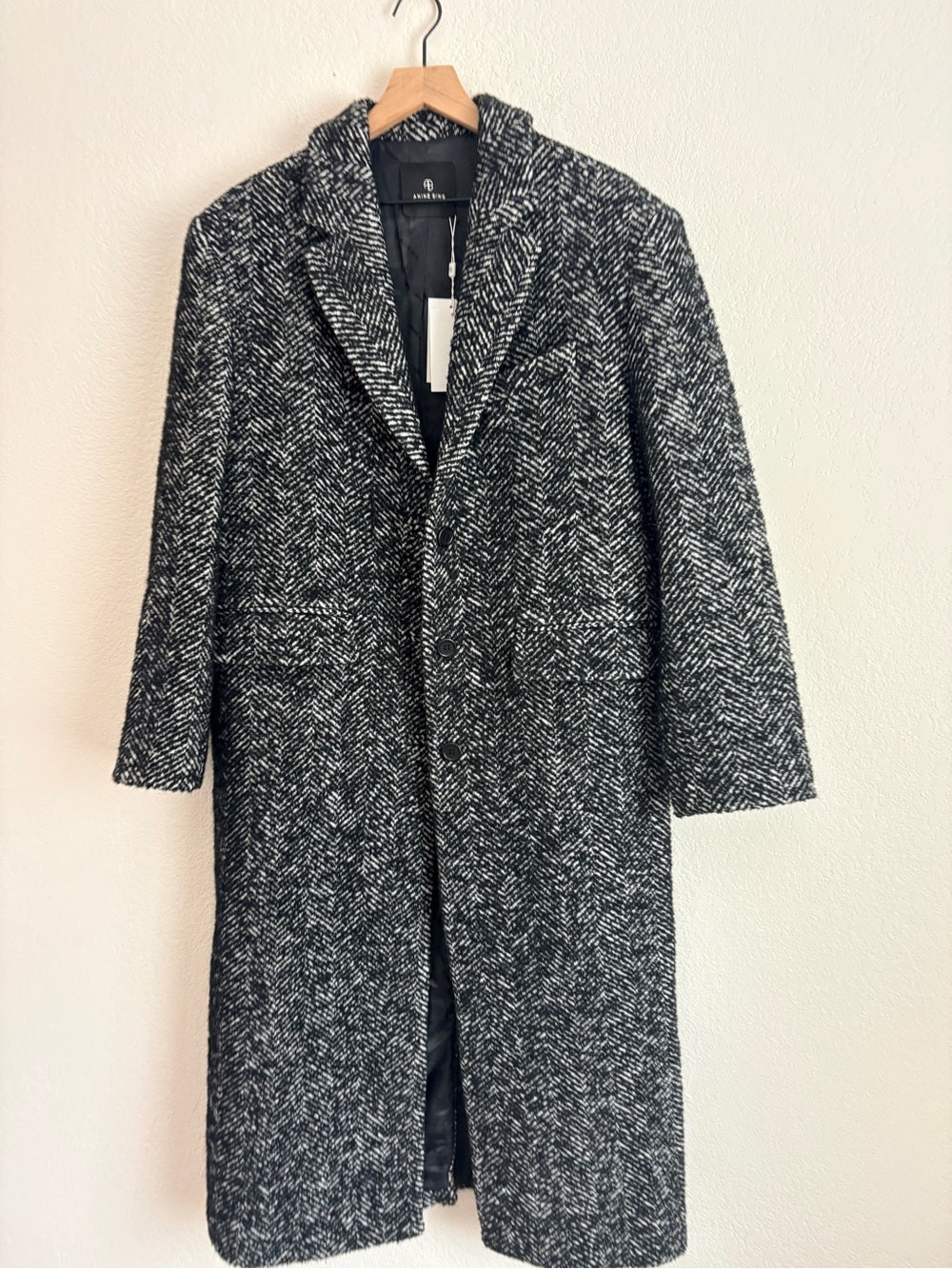 NWT Anine Bing Quinn Wool Long Herringbone Tweed Coat in Black and White (L)