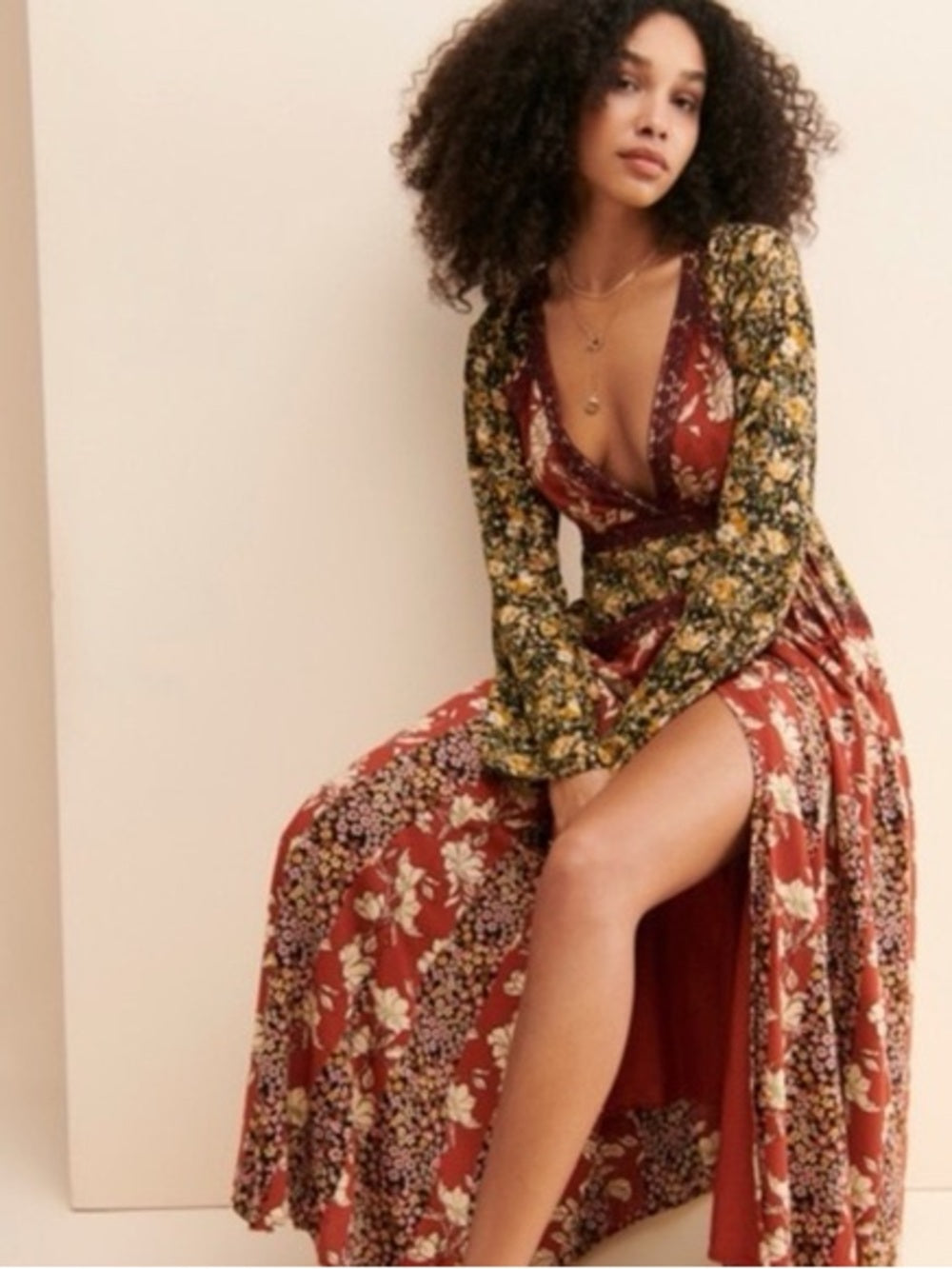 Free People Tilda Patchwork Bohemian Rust Floral Wrap Maxi Dress (M)