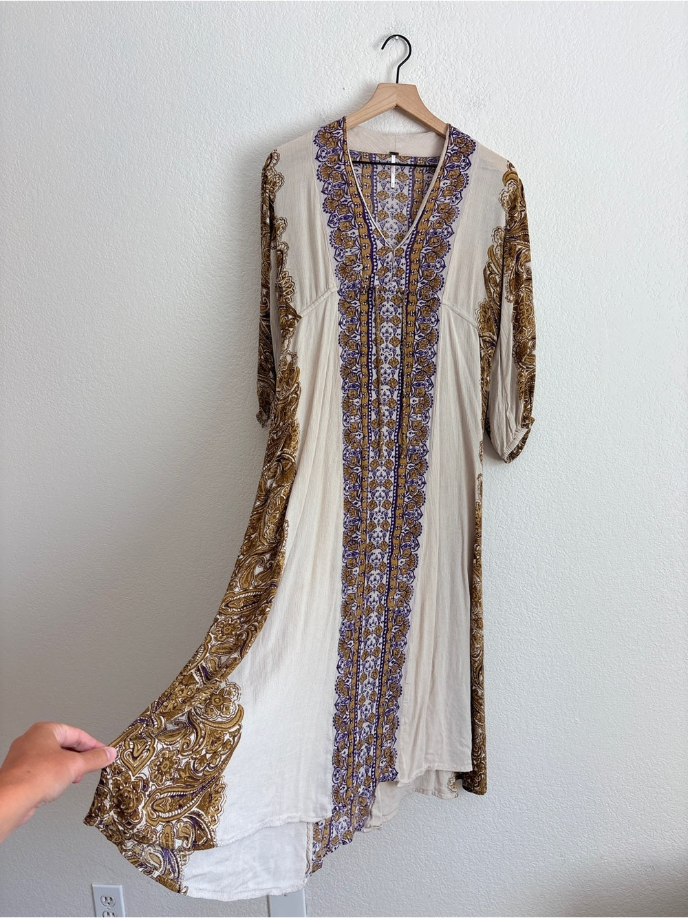 Free People Azalea Bohemian Cream Maxi Dress with Gold Paisley Trim (S)