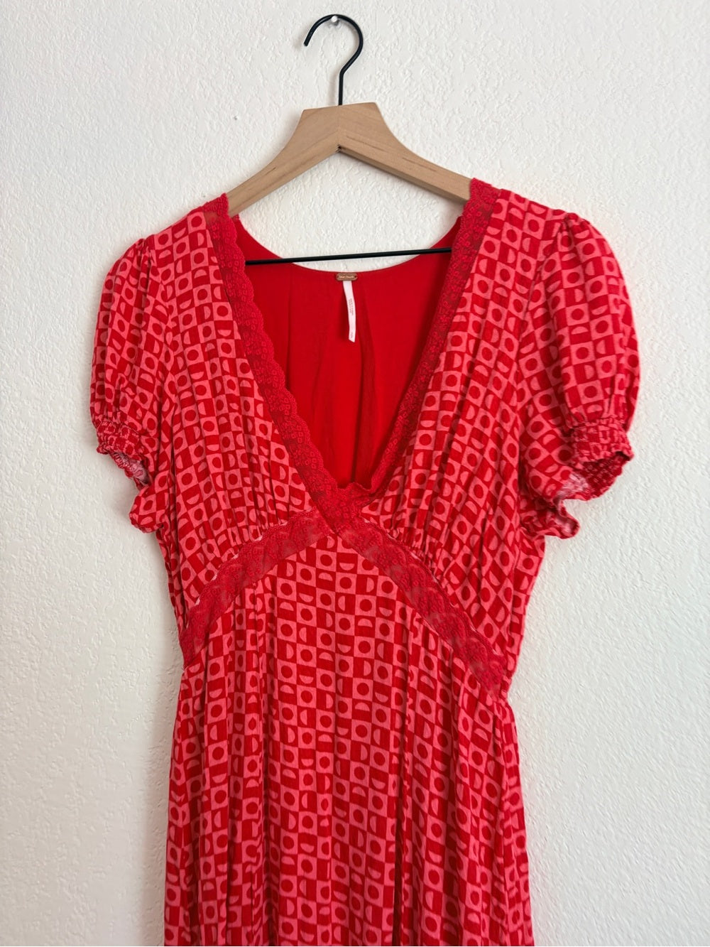 Free People Marley Red Printed V-Neck Dress with Side Slit (S)