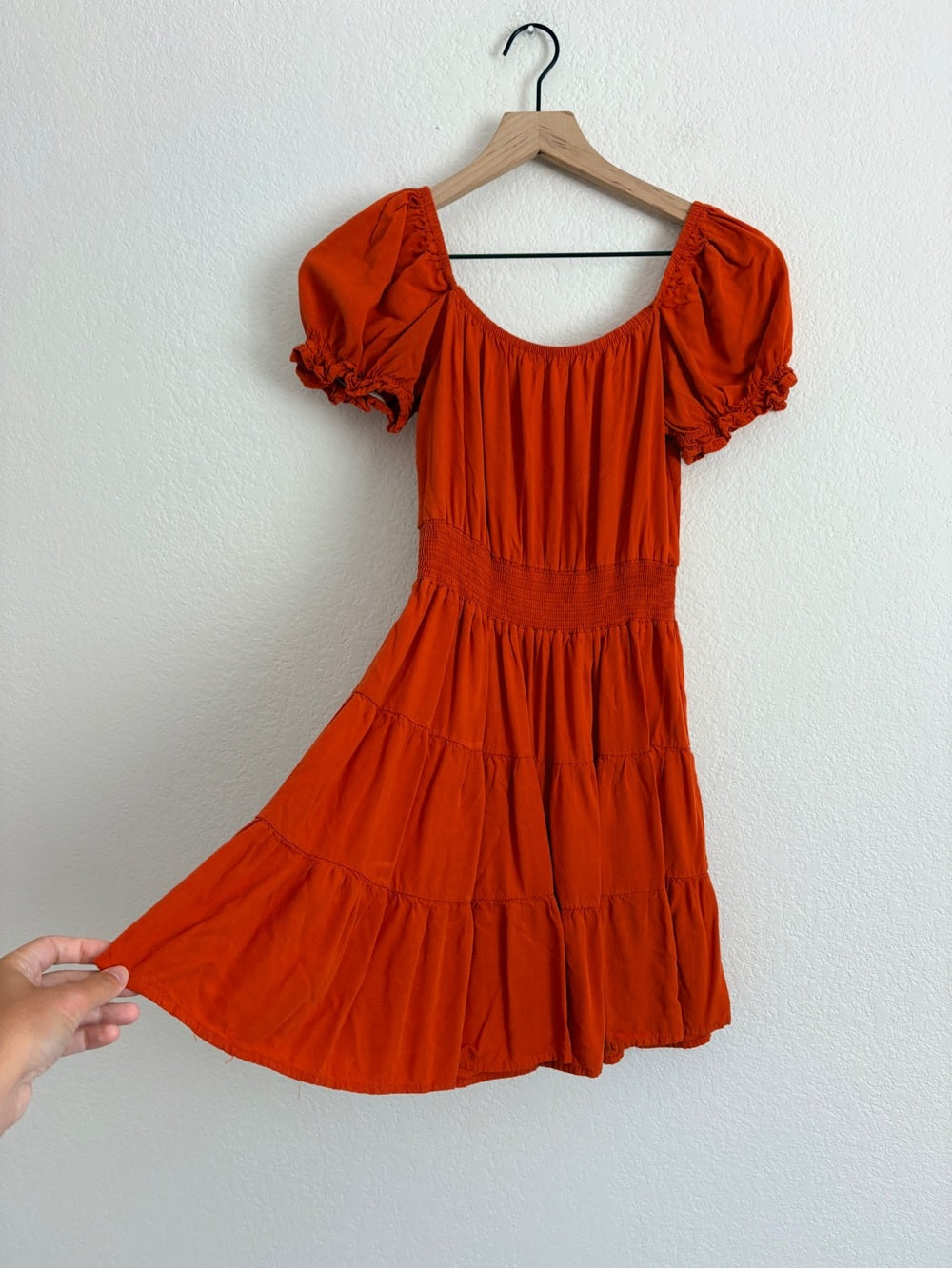 Boutique Tangerine Orange Smocked Tiered Puff Sleeve Dress (S)