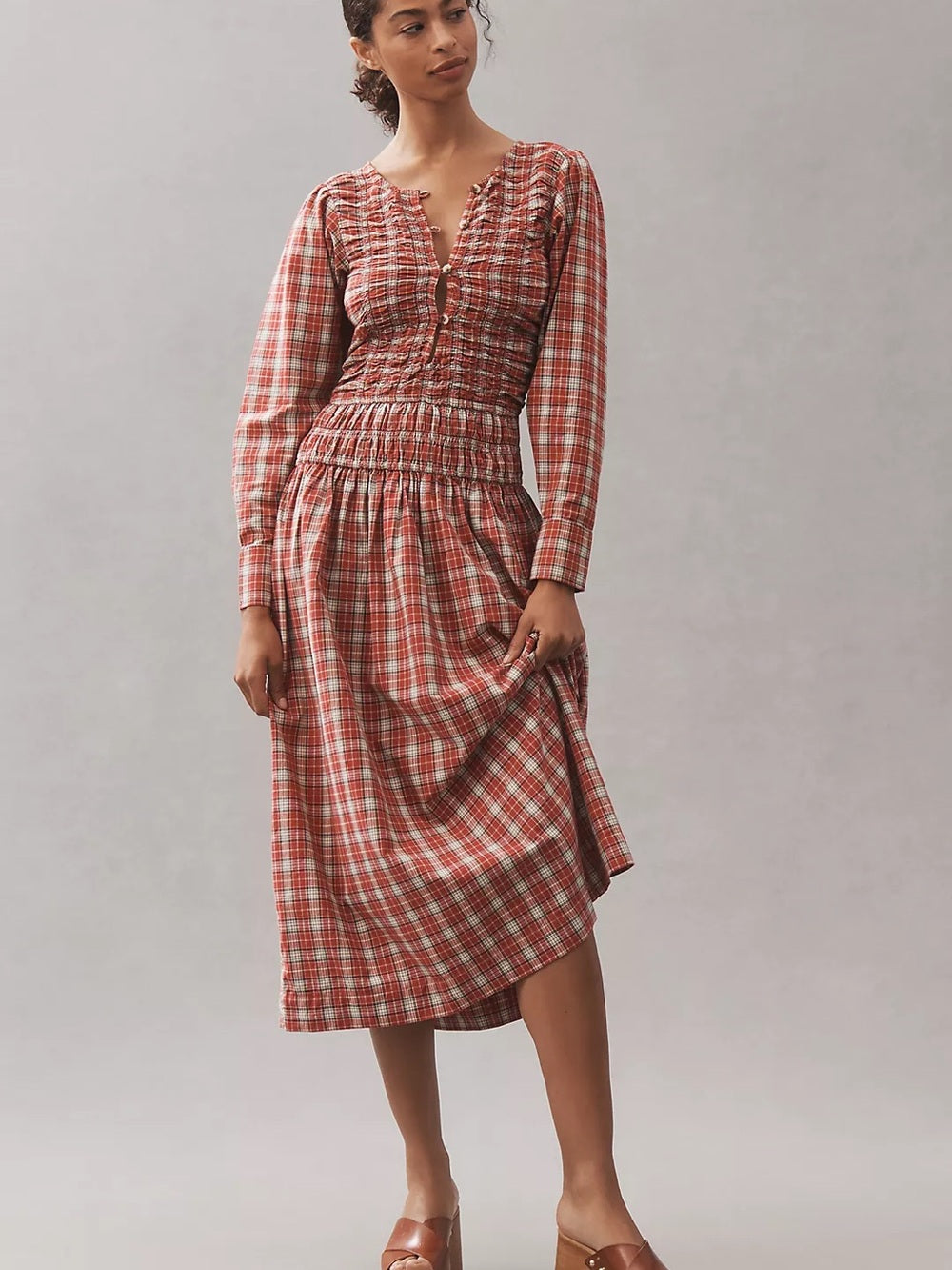NWT Damson Madder Sienna Smocked Plaid Midi Dress (4)