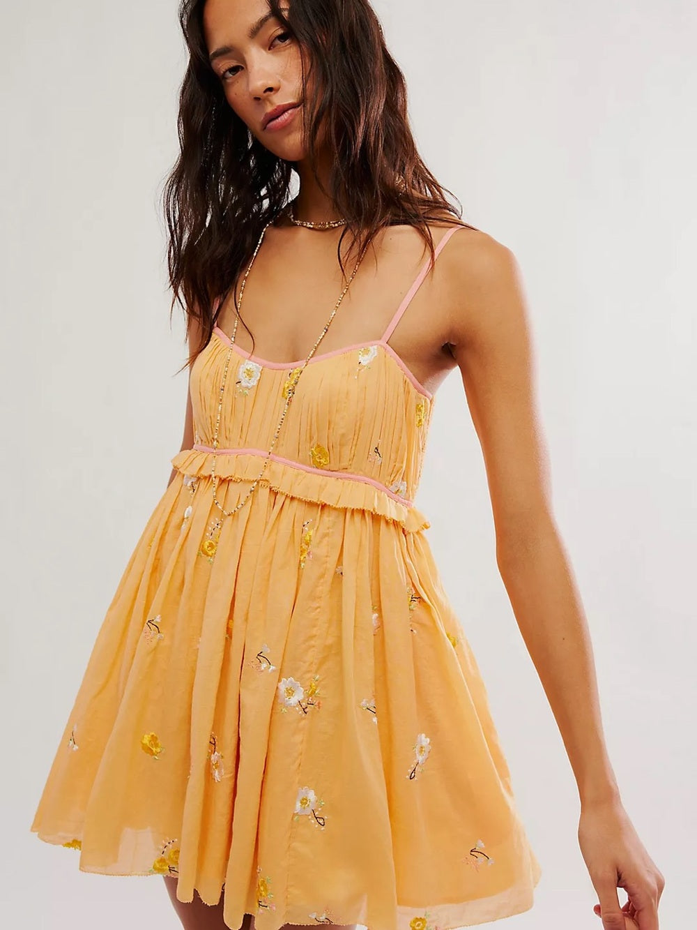 Free People Alana Babydoll Floral Embroidered Orange Mini Sundress (L)