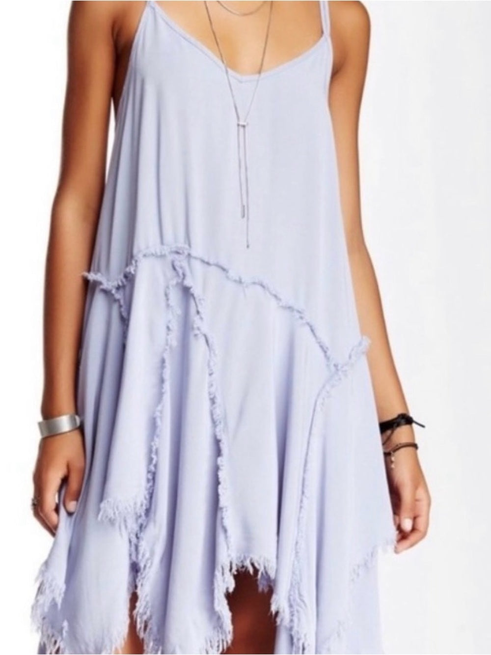 Free People Tattered Up Slip Light Lavender Blue Fringe Dress (XS)