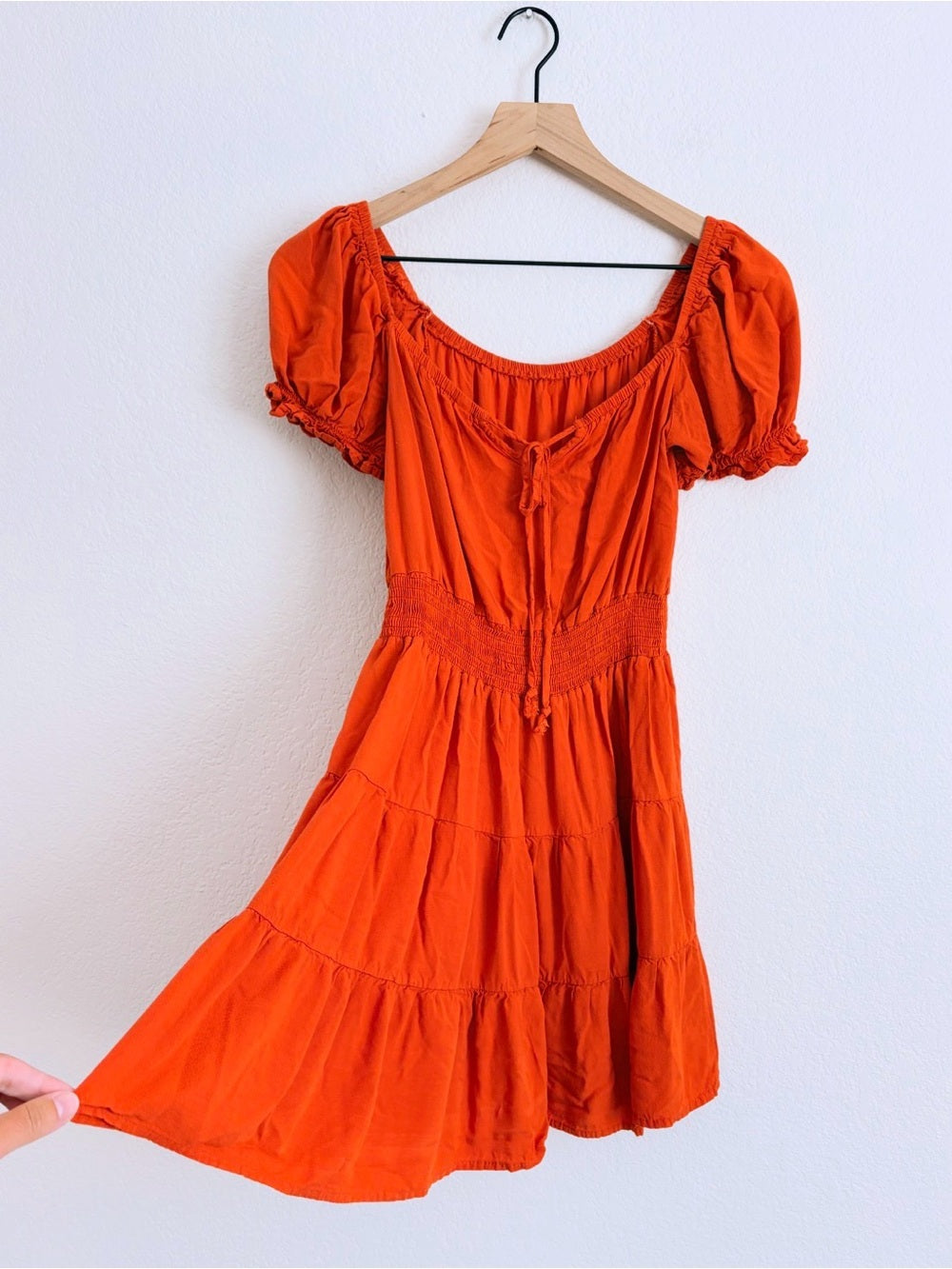 Boutique Tangerine Orange Smocked Tiered Puff Sleeve Dress (S)