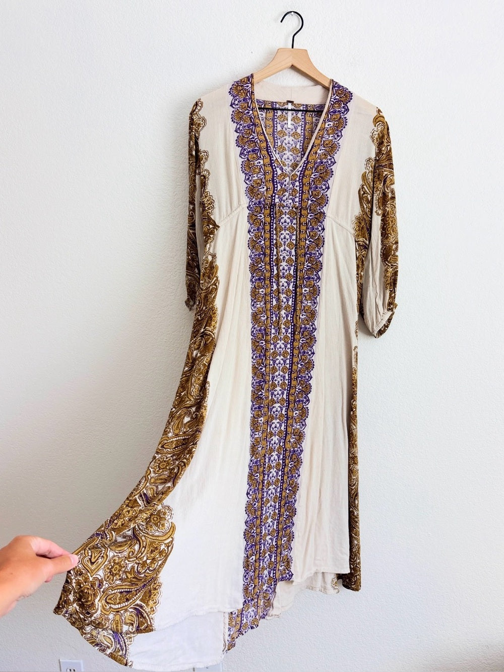 Free People Azalea Bohemian Cream Maxi Dress with Gold Paisley Trim (S)