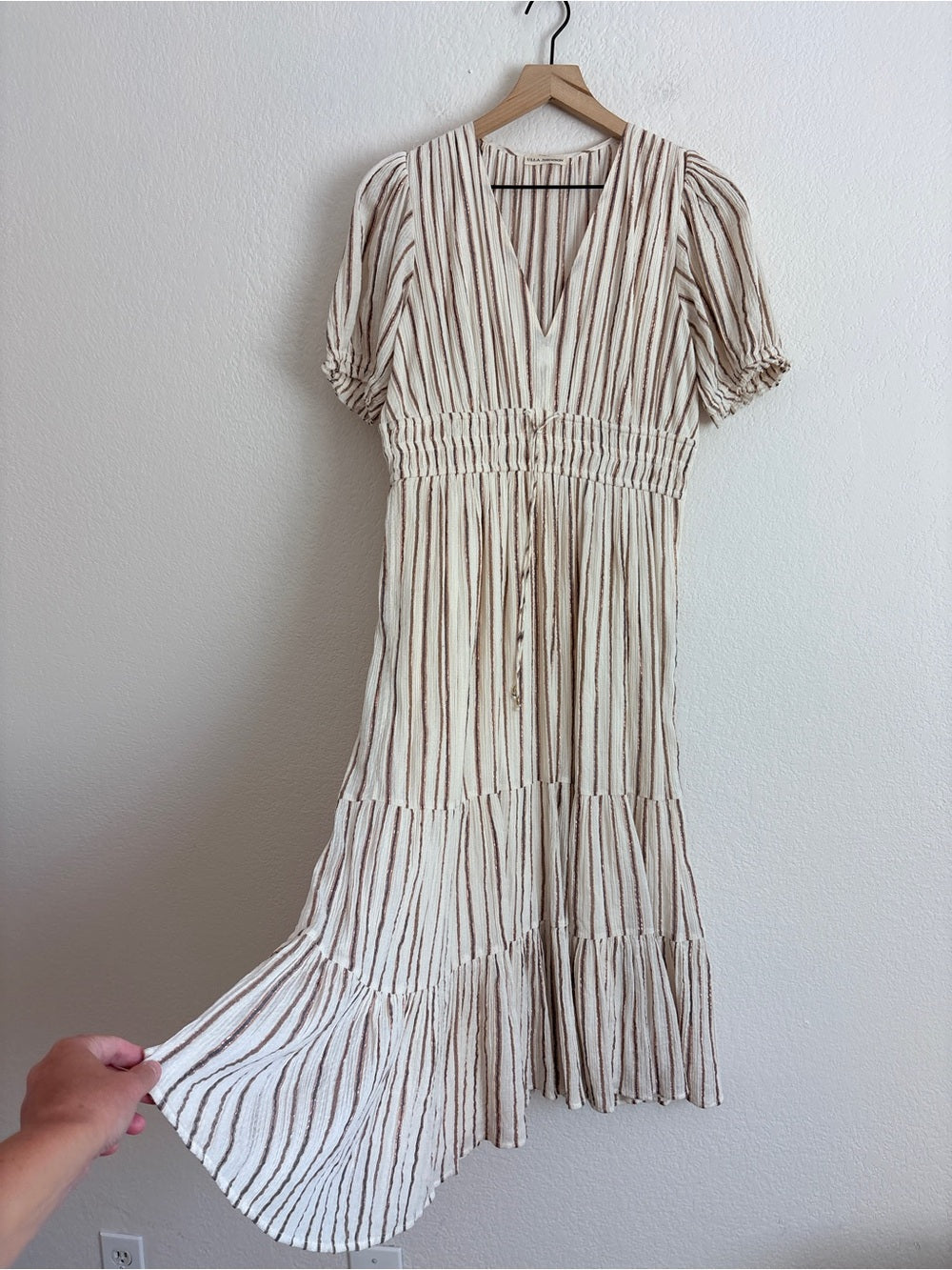Ulla Johnson Striped Cotton Lurex V-Neck Midi Dress (M)