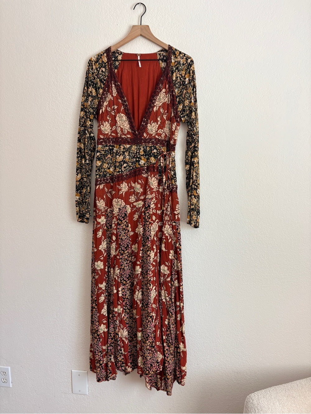 Free People Tilda Patchwork Bohemian Rust Floral Wrap Maxi Dress (M)
