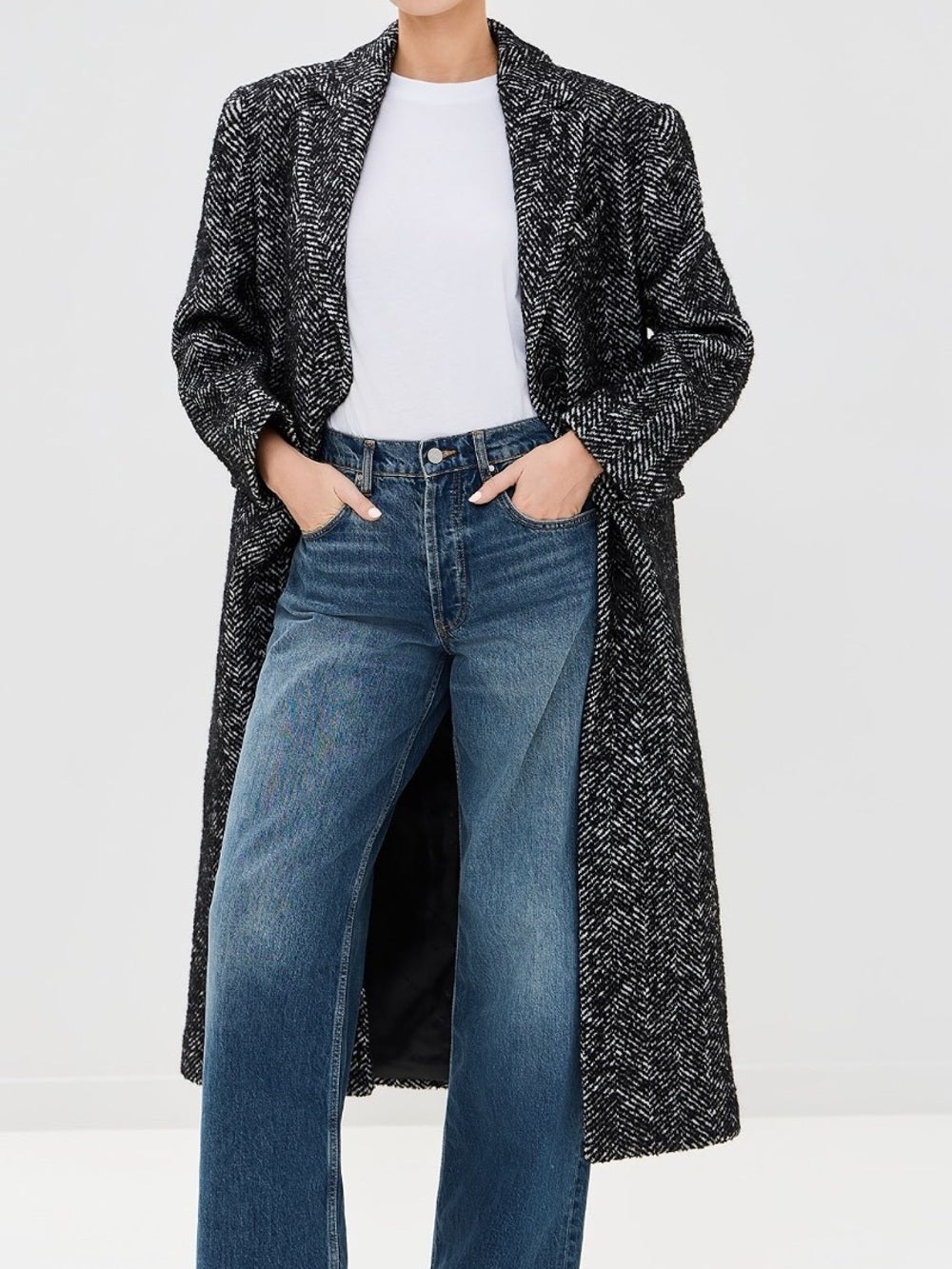 NWT Anine Bing Quinn Wool Long Herringbone Tweed Coat in Black and White (L)
