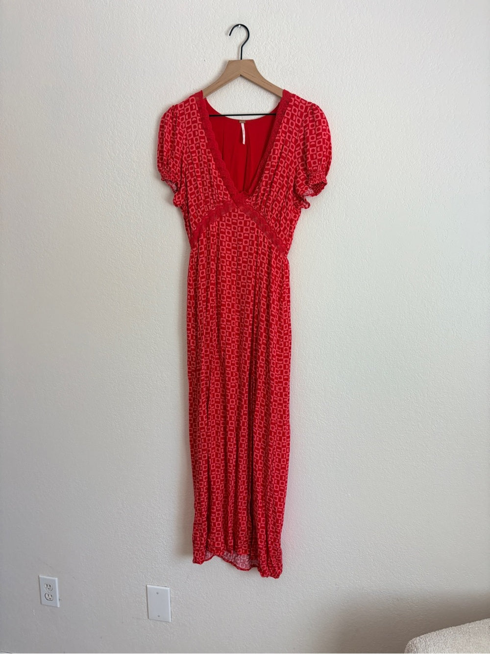 Free People Marley Red Printed V-Neck Dress with Side Slit (S)