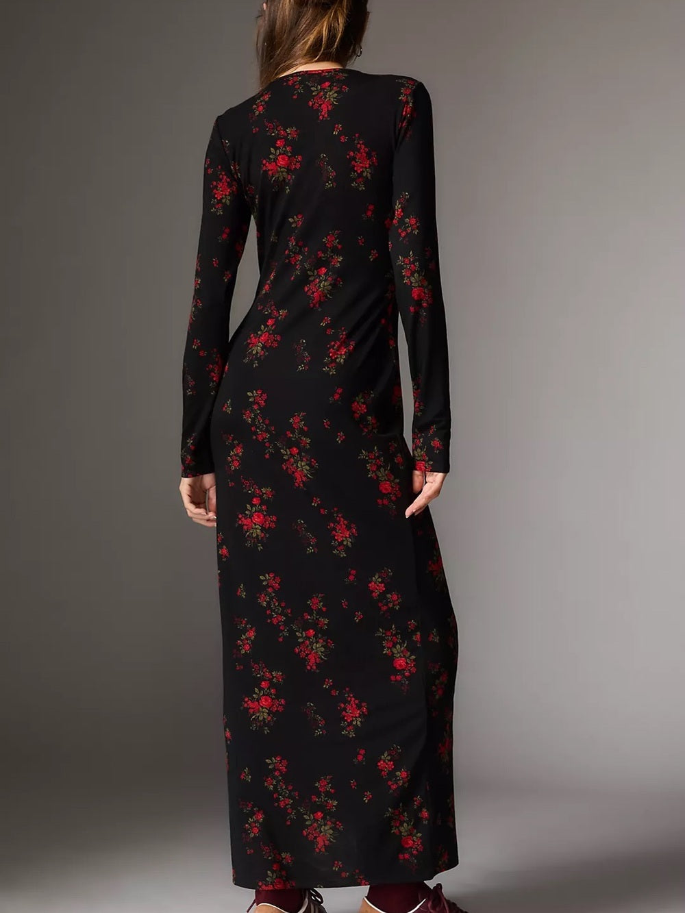 Reformation Black Maxi Dress with Red Floral Print (L)