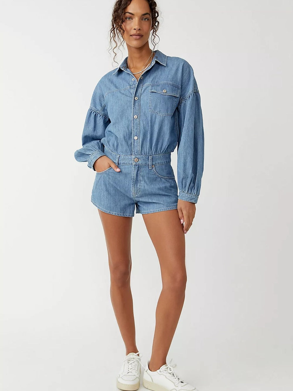 Free People Zodiac Chambray Denim One-Piece Romper (L)