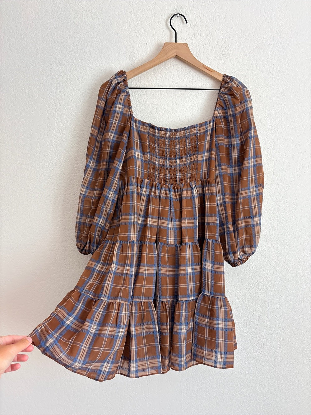 Gianni Bini Fall Plaid Puff-Sleeve Tiered Mini Dress Brown (M)