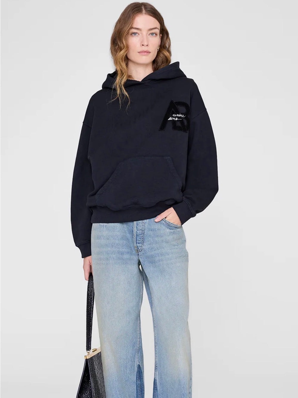 NWT Anine Bing Jaci Black Logo Patch Hoodie in Vintage Black (L)