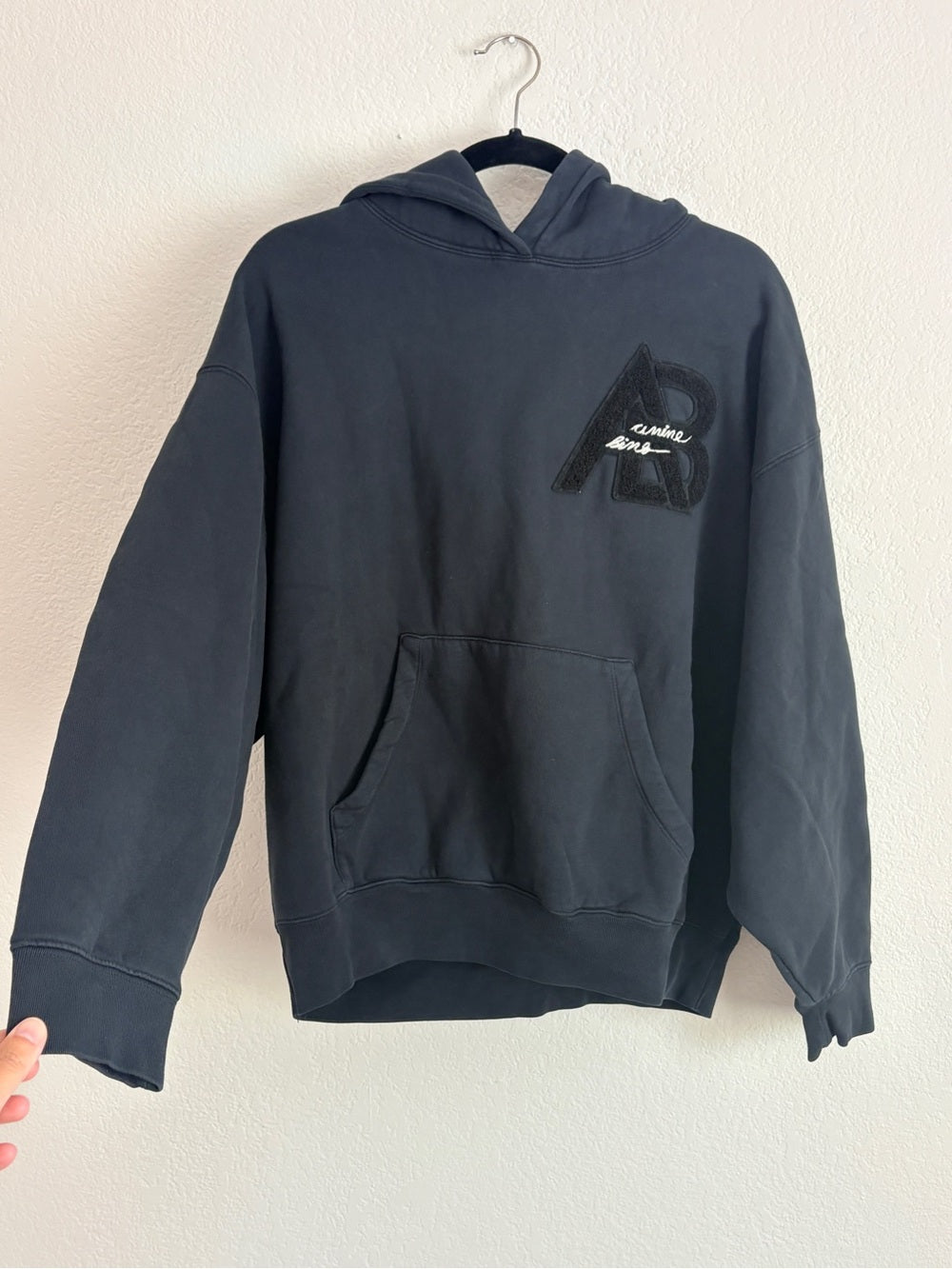 NWT Anine Bing Jaci Black Logo Patch Hoodie in Vintage Black (L)