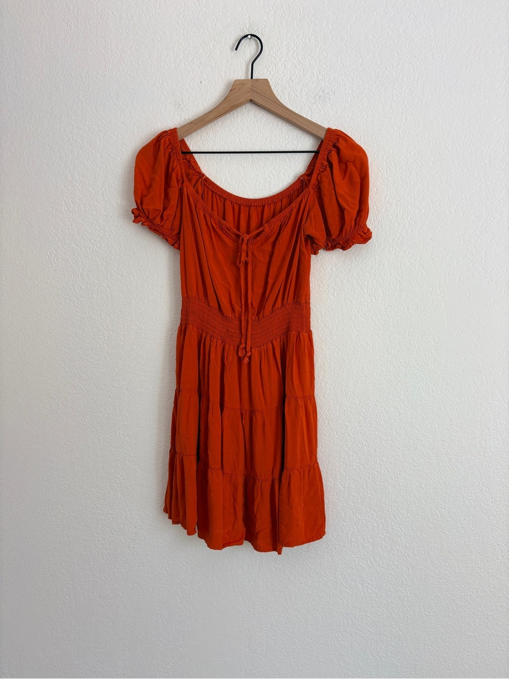 Boutique Tangerine Orange Smocked Tiered Puff Sleeve Dress (S)