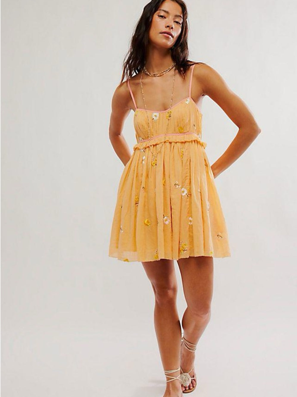 Free People Alana Babydoll Floral Embroidered Orange Mini Sundress (L)