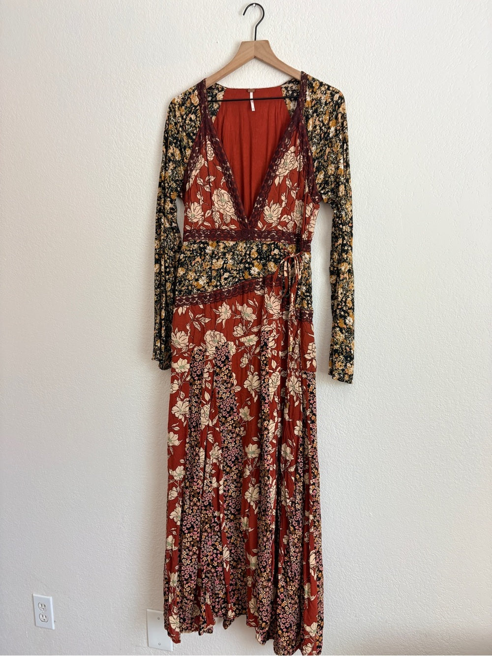 Free People Tilda Patchwork Bohemian Rust Floral Wrap Maxi Dress (M)