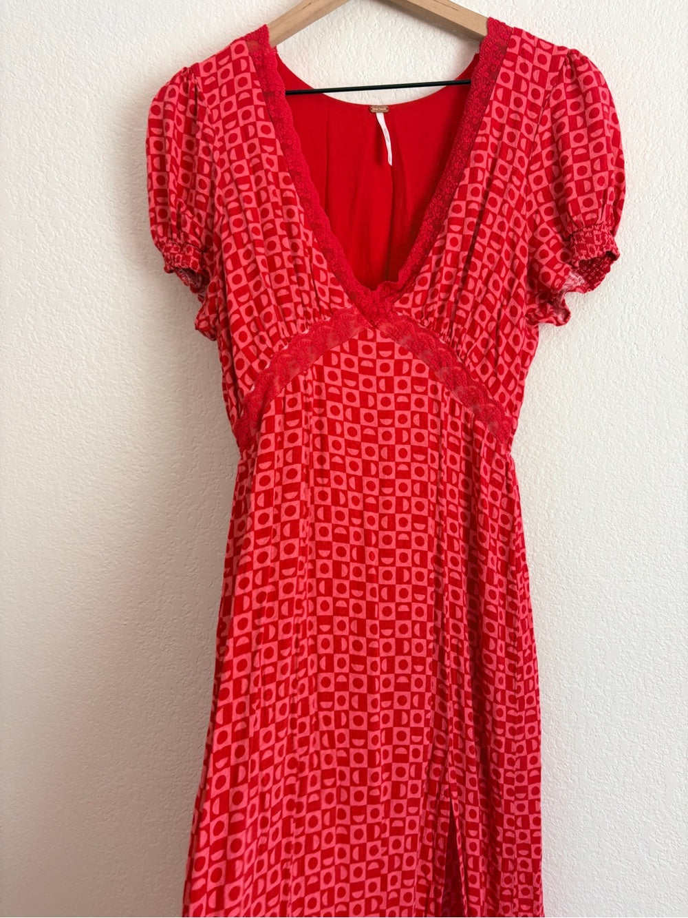 Free People Marley Red Printed V-Neck Dress with Side Slit (S)