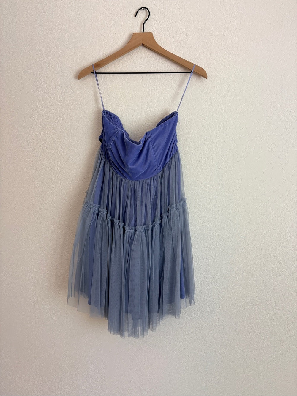 Free People Theo Puff Strapless Light Blue Tulle Mini Dress (M)