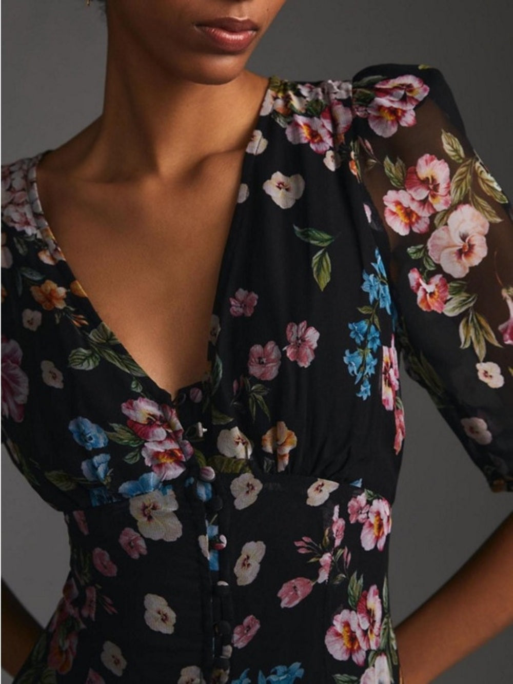 Anthropologie Maeve Floral Puff Sleeve V-Neck Black Midi Dress (2)