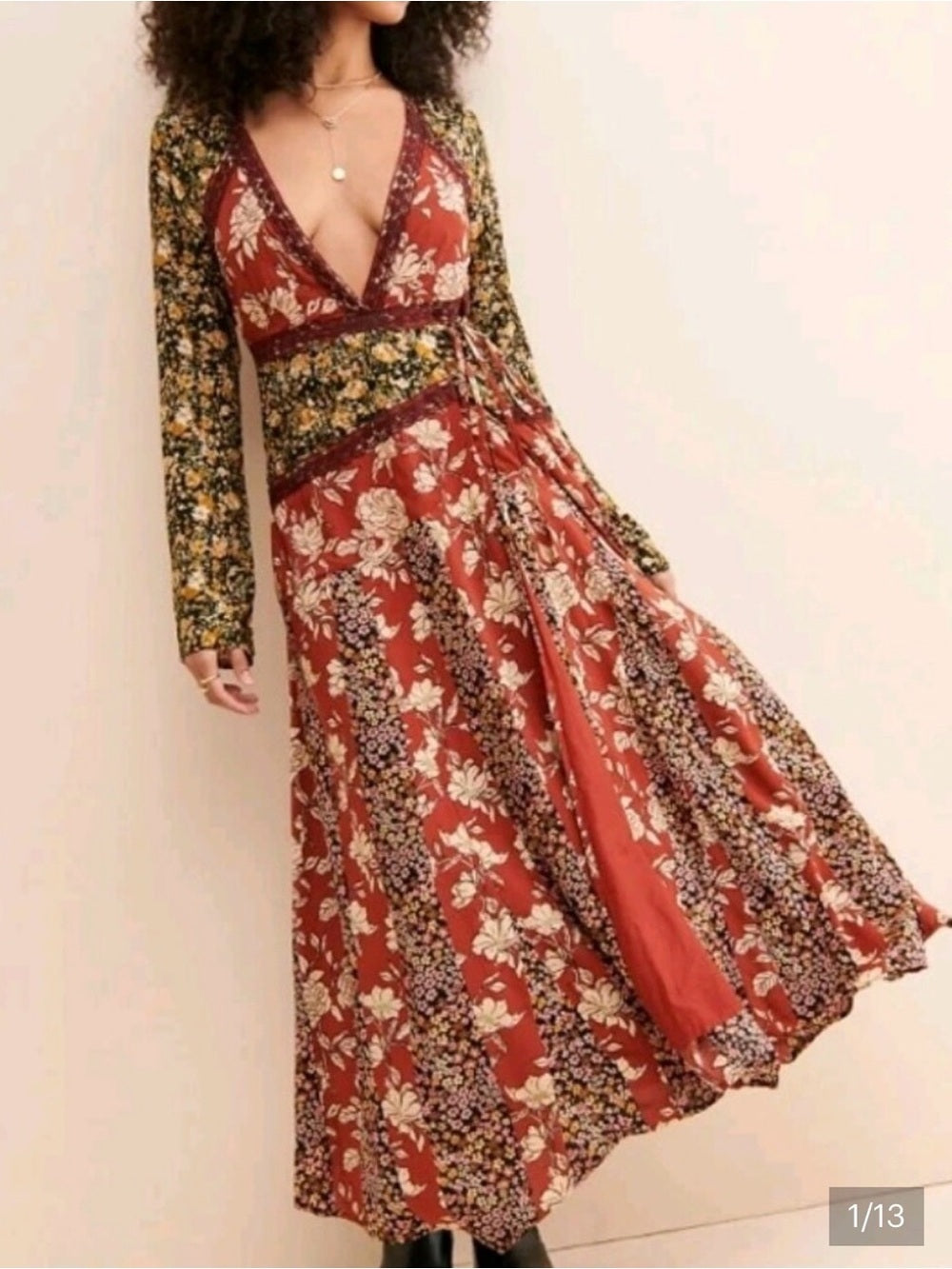 Free People Tilda Patchwork Bohemian Rust Floral Wrap Maxi Dress (M)