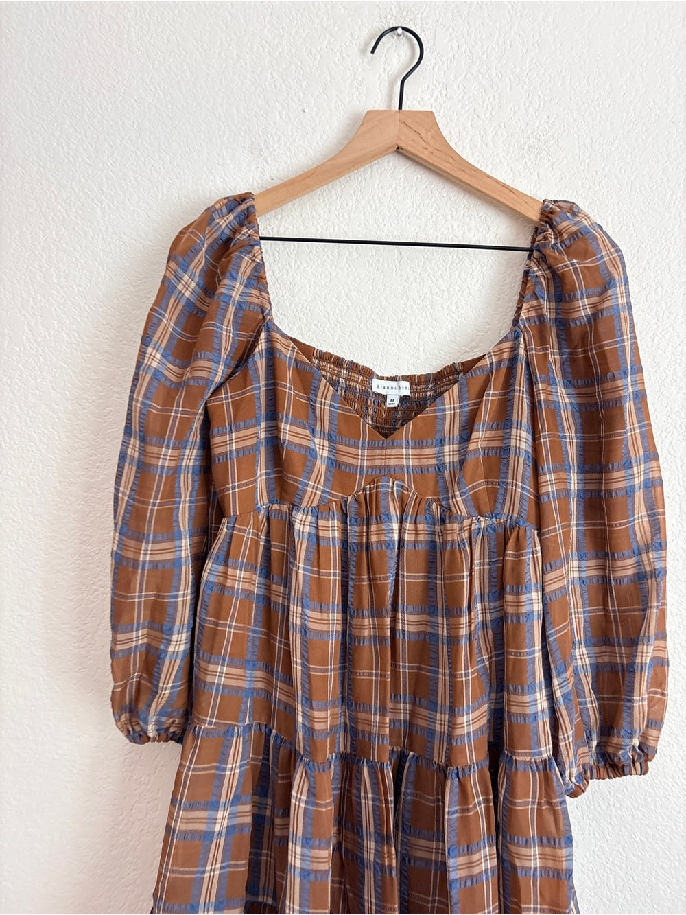 Gianni Bini Fall Plaid Puff-Sleeve Tiered Mini Dress Brown (M)